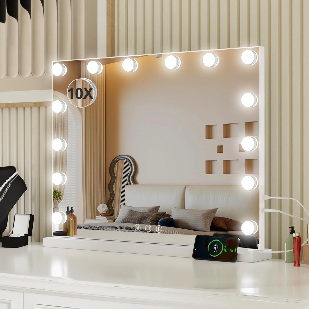 SnelShoppen - Hollywood Spiegel met Verlichting, Verlichte Make-Up Spiegel met 14 LED Lampen, 10x Vergrotende Spiegel, Grote Vanity Mirror met Touch-B