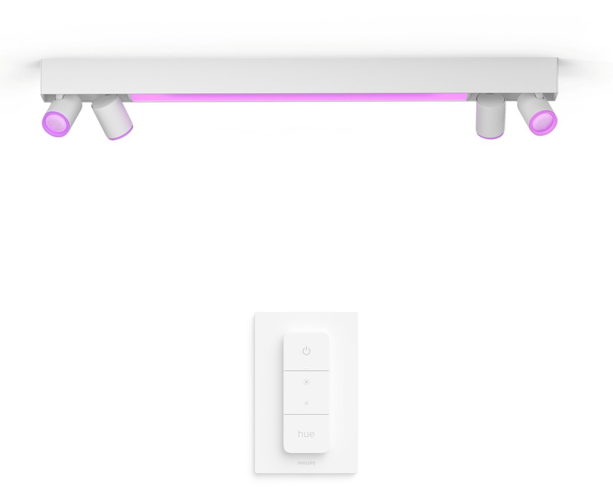 Philips Hue Centris Opbouwspot (Wit) - Wit en Gekleurd Licht - Plafondspot met 4 Lichtpunten en LED balk - Incl. Hue Dimmer Switch - Hue White and Color Ambiance