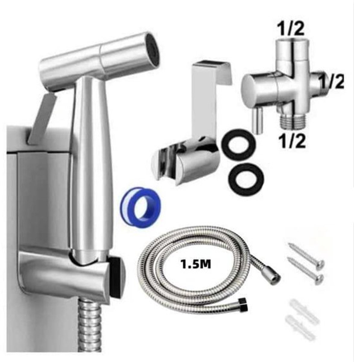 Handdoucheset voor toiletten, roestvrijstalen wanddouchekop, zelfreinigend, geschikt voor badkamers en toiletten.