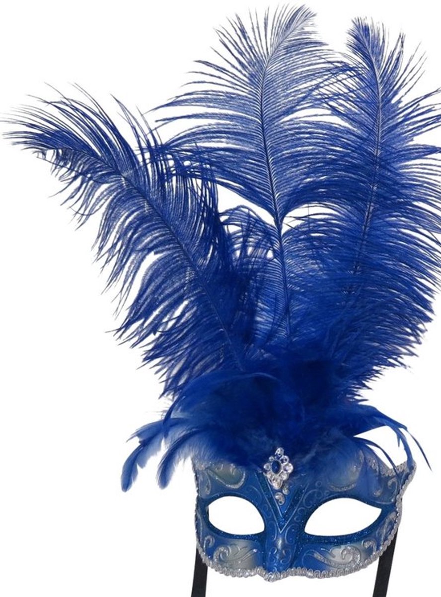 Dames Venetiaans Maskerade Oogmasker met Blauw & Zilver Veer