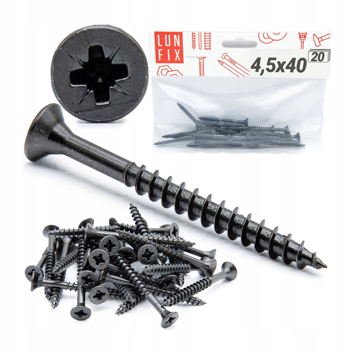 LUN FIX - Houtschroeven - Ø 4,5x40 mm - 20 Stk. - Verzinkt zwart gehard - Zelfsnijdend