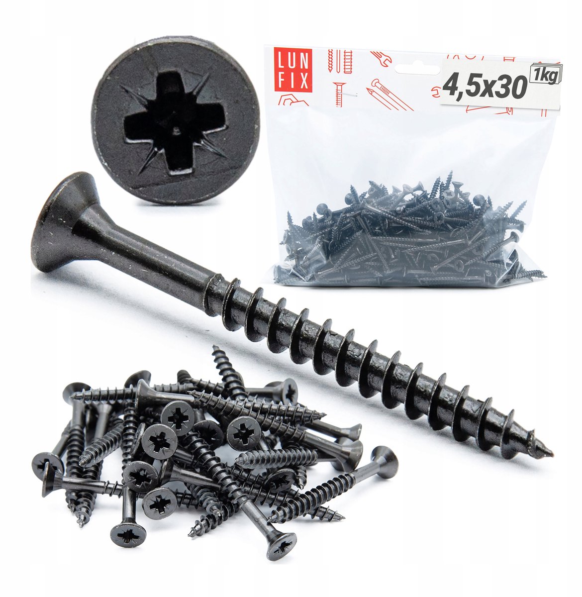 LUN FIX - Houtschroeven - Ø 4,5x30 mm - 1 kg - Verzinkt zwart gehard - Zelfsnijdend