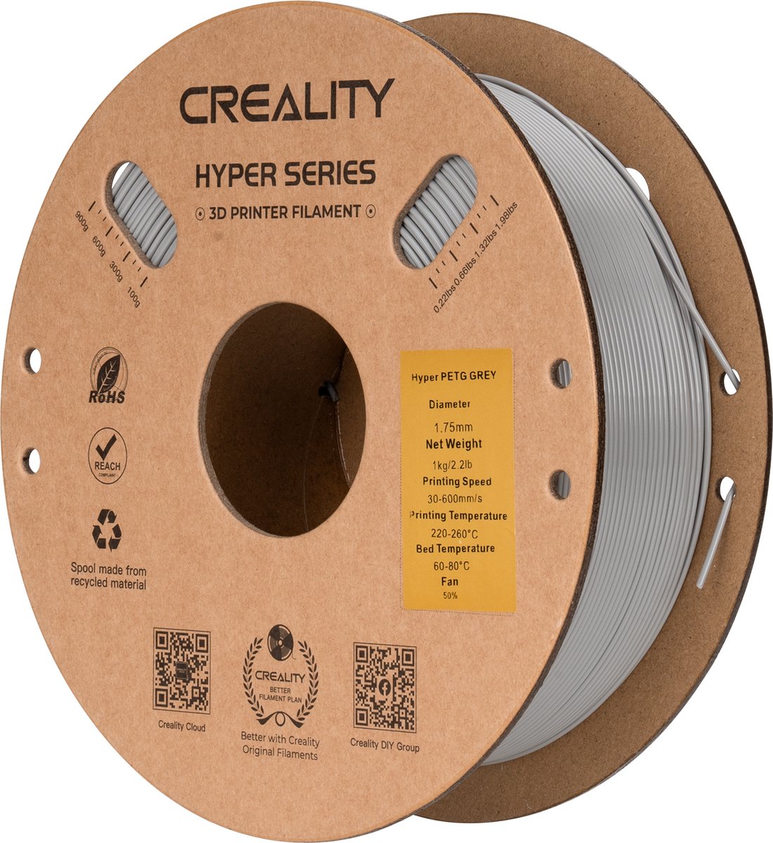 Creality Hyper PETG 3D-Printer Filament - 1,75mm 1kg - Hoge Sterkte - Uitstekende Laaghechting - Duurzaam Printmateriaal - Geschikt voor FDM 3D-Printers - Grijs