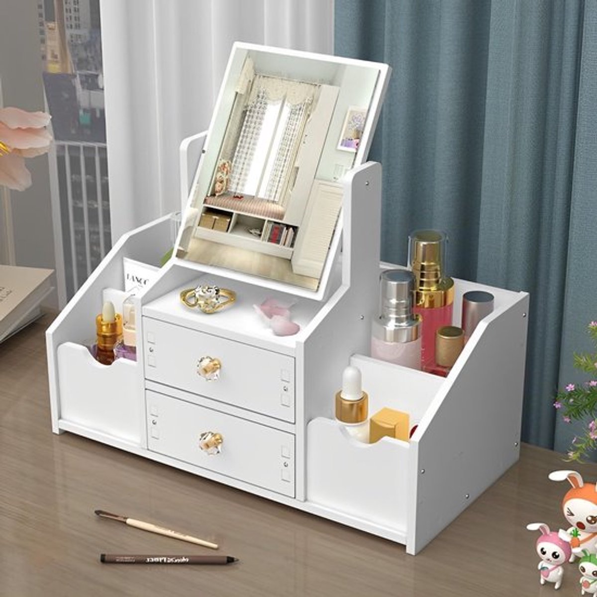 Kaptafel met Spiegel - Organizer voor Make-up/Sieraden - Lade - Slaapkamer - Verstelbare Hoogte - Modern Design - Make-up Tafel