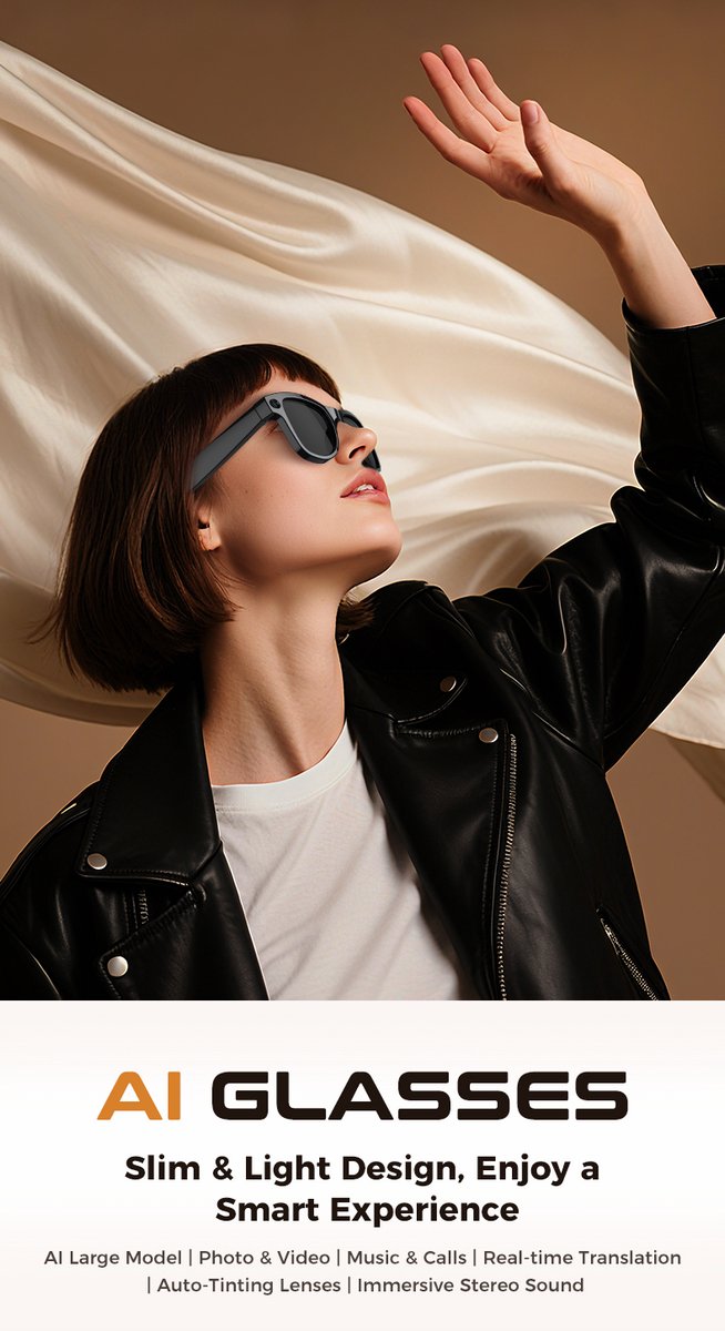 NC AI Smart Glasses met Camera - Zonnebril met Camera - 360 Sound - Vertaler - 800 W 4K HD Camera - 3600mAh Powerbank - Zwart — afbeelding 3