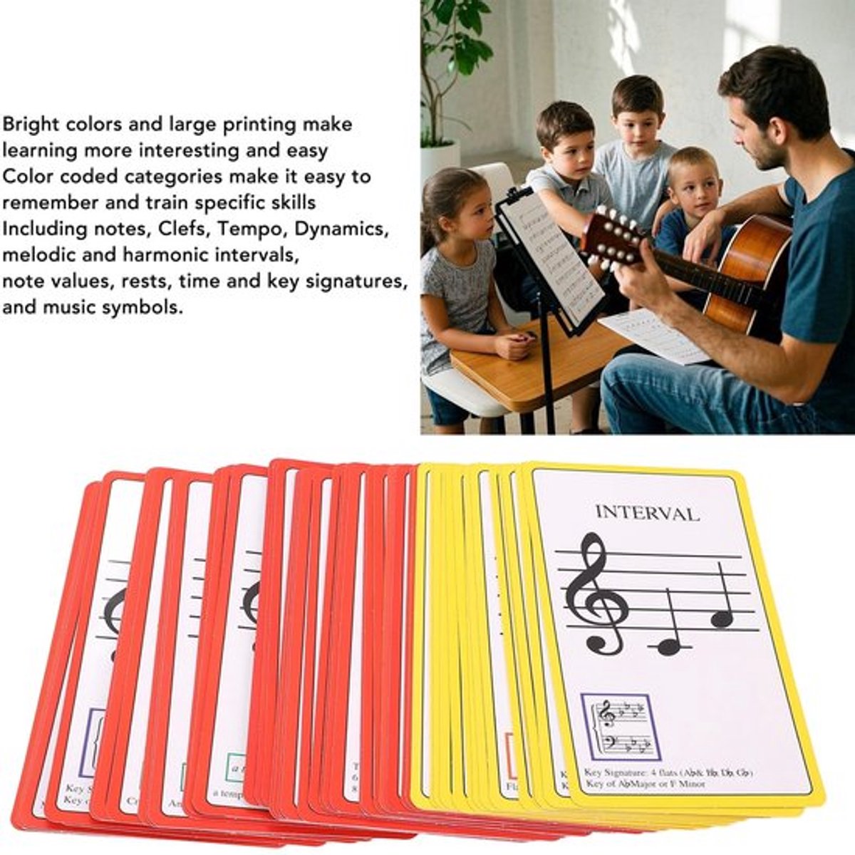 Muziekflashkaarten Dubbelzijdig Gelamineerd - Kleurgecodeerd - Muziekeducatiekaarten - Piano Nootkaarten - Snelle Hantering - Langdurig Gebruik - Muziekkaarten