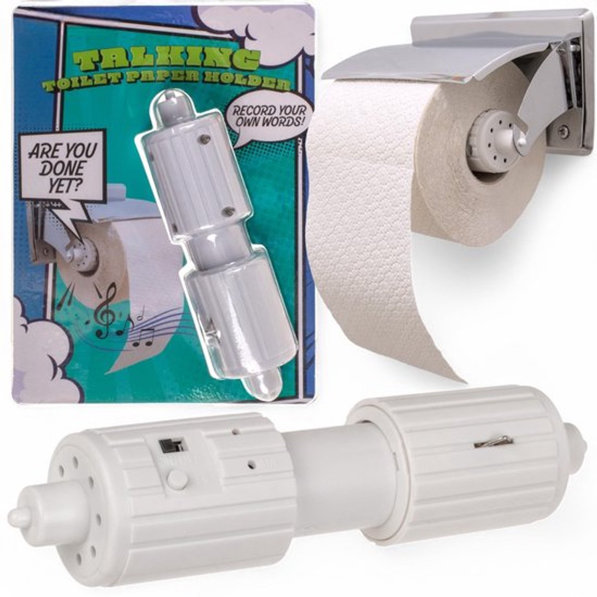 Toiletpapierhouder met opnamefunctie - Grappige toilethouder - Badkamer gadget - Standaard rollen - 16 x 3,5 cm - Wit