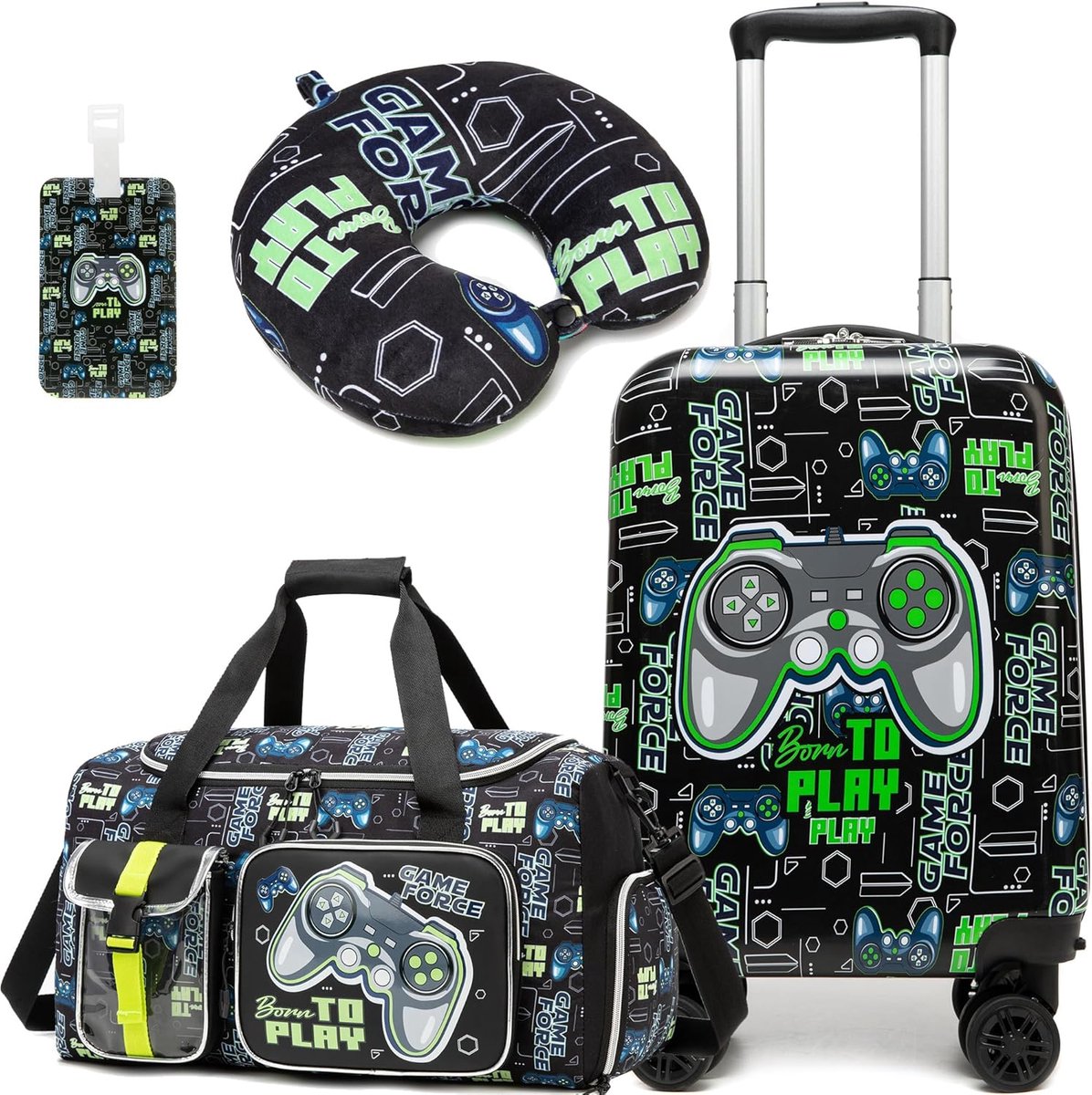 SnelShoppen - 3-delige Kinderkoffer Set met 4 360° Wielen, Handbagage voor Kinderen, Inclusief Reistas en Nekkussen, Schattig Zeemeerminnen en Gamepad