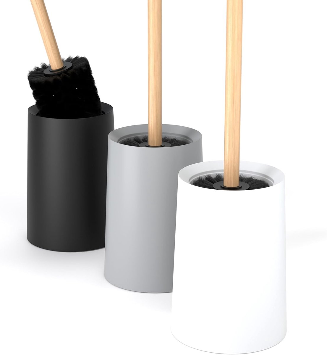 SnelShoppen - WC borstel met bamboe handvat & nylon haren - XL toiletborstel 46 cm - Elegante borstelset met plastic houder - Modern badkameraccessoir