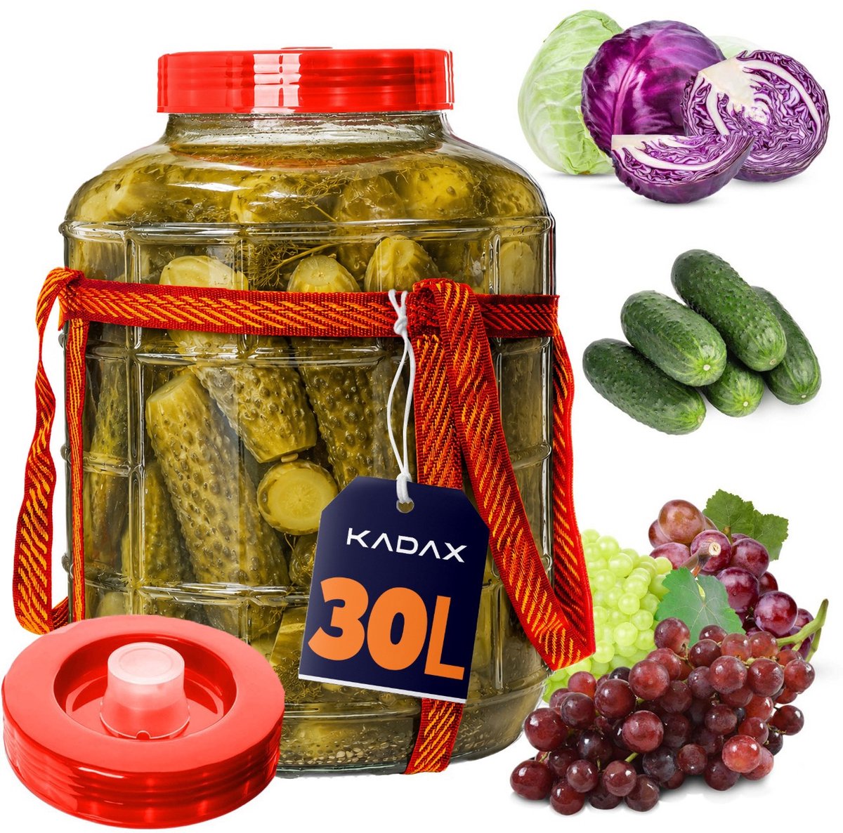 KADAX Gistballon, 30 liter, glazen ballon met deksel van kunststof, wijnballon, glazen gistballon, universeel glas, komkommerglas, voorraadglas, bewaarglas, fermentatiecontainer, inmaakglas
