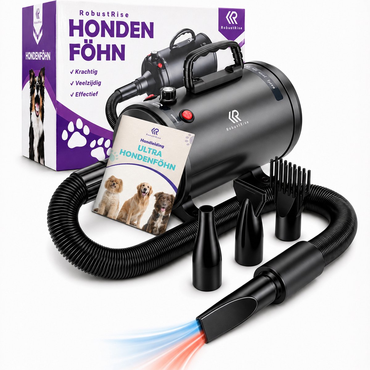 Bol.com RobustRise Ultra Hondenfohn - 3800W - Zwart - Verstelbaar Vermogen - Waterblazer voor Honden - Hondenfohn met 4 Opzetstu... aanbieding