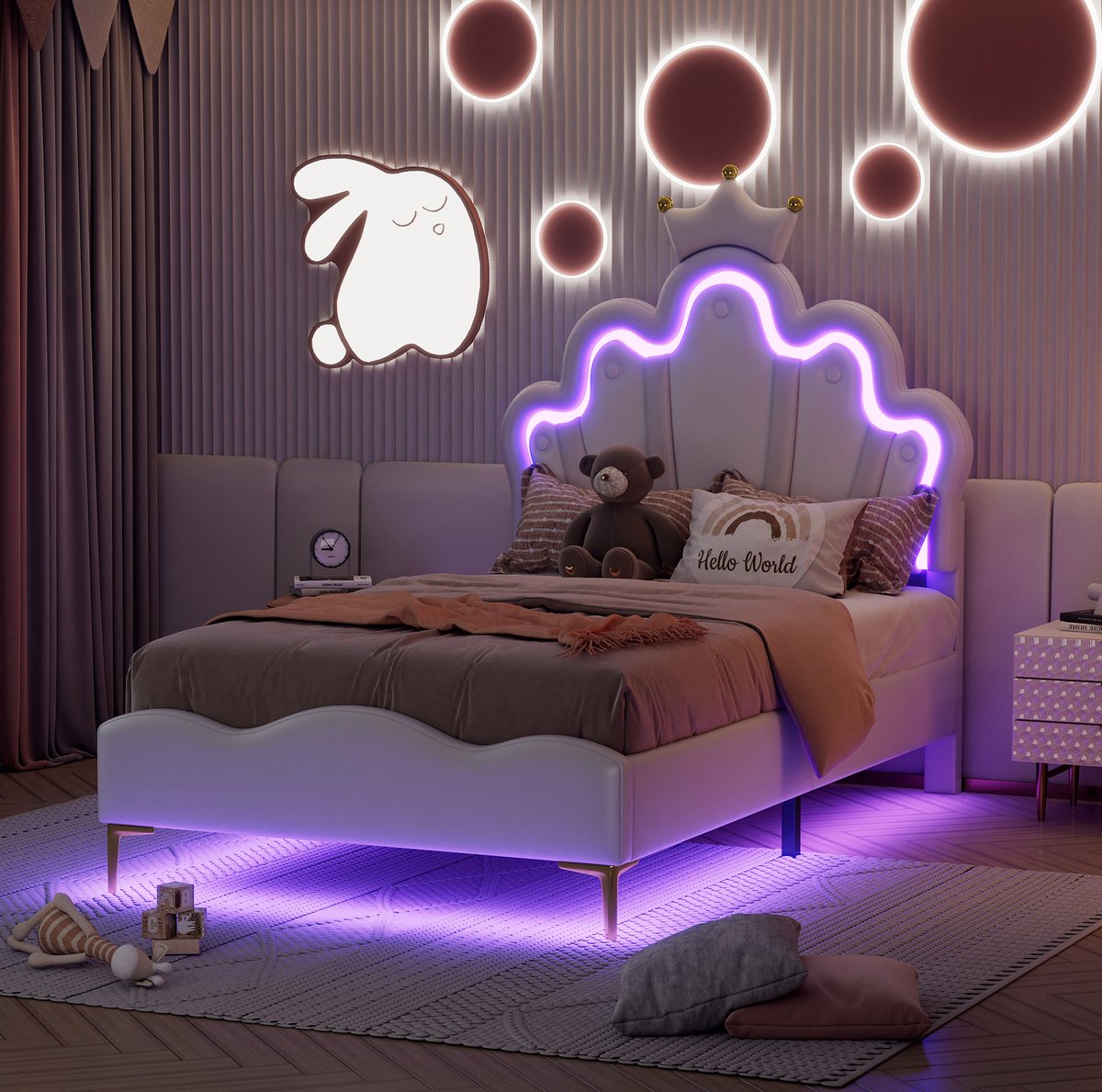 COVREO Bed 203x90x129 cm – wit kunstleer, kroonvormig hoofdbord en LED-verlichting