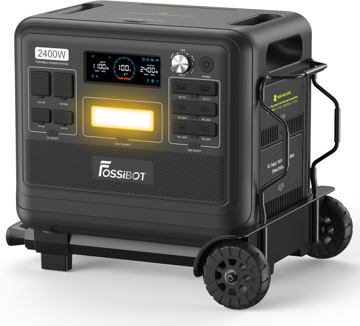 FOSSiBOT F2400 Zwarte Draagbare Powerstation 2400W 2048Wh LiFePO4, incl. opvouwbaar transportkarretje | Noodstroom UPS <10ms voor Thuis Camping Camper