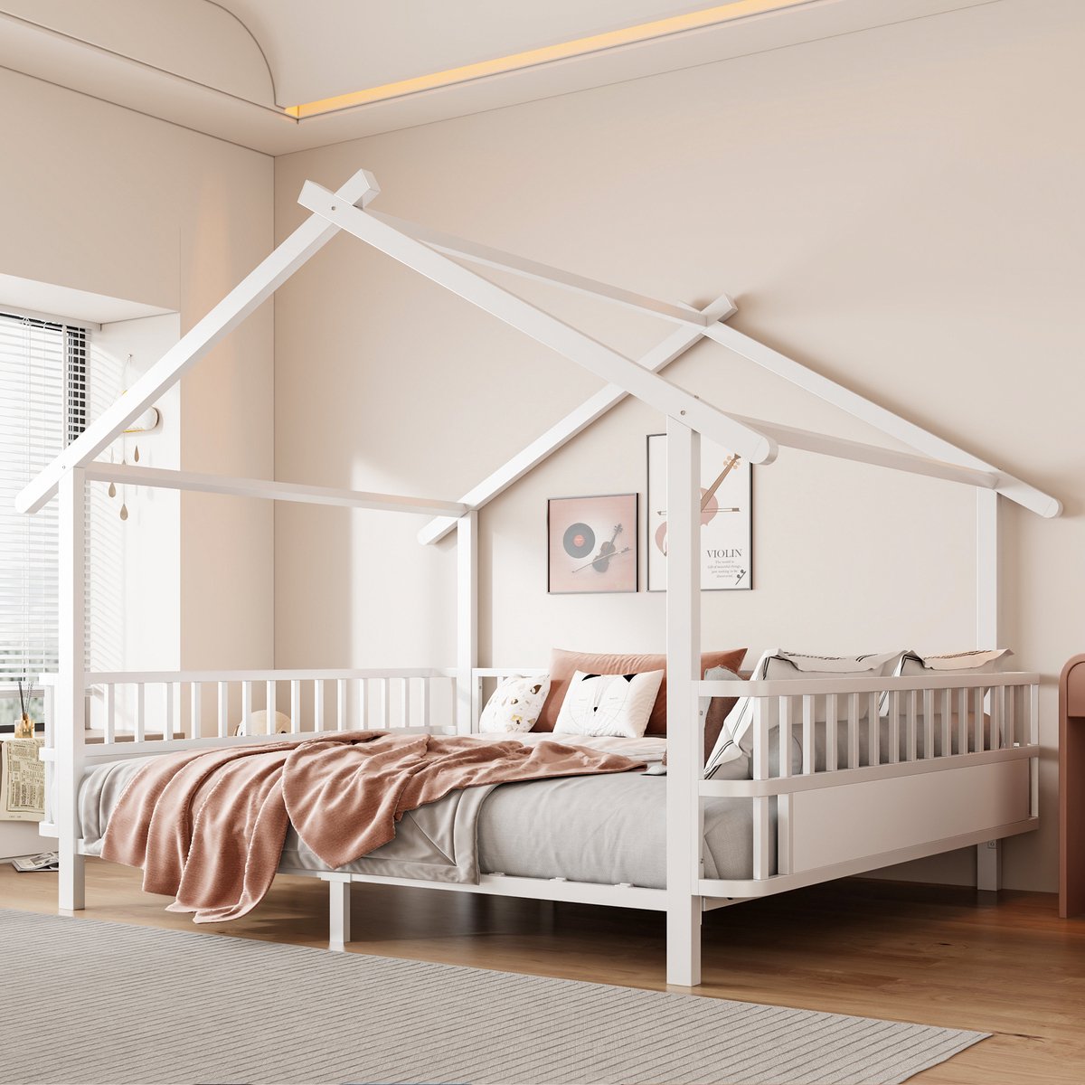 Kinderbed Huisbed Metaal 140x200 - Wit Kinderbed Met Dak En Veiligheidshekje - Groot Huisvorm Bed Decoratief En Stevig Frame