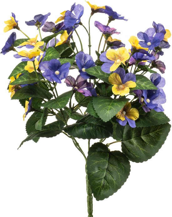 Boeket kunstviooltjes in geel en blauw met groene bladeren.