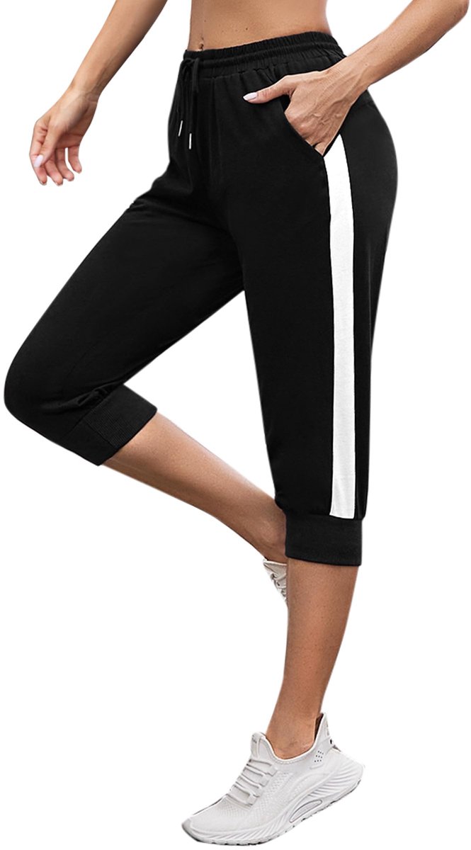 SnelShoppen - Jezonga Trainingsbroek Dames 3/4 Capribroek Licht Katoen Zwart XXL voor Yoga, Sport en Casual Gebruik met Zakken