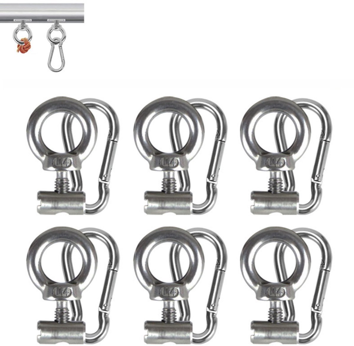Een set van 6 luifelrailstoppers met karabijnhaken, geschikt voor campers, tenten en kampeeraccessoires.
