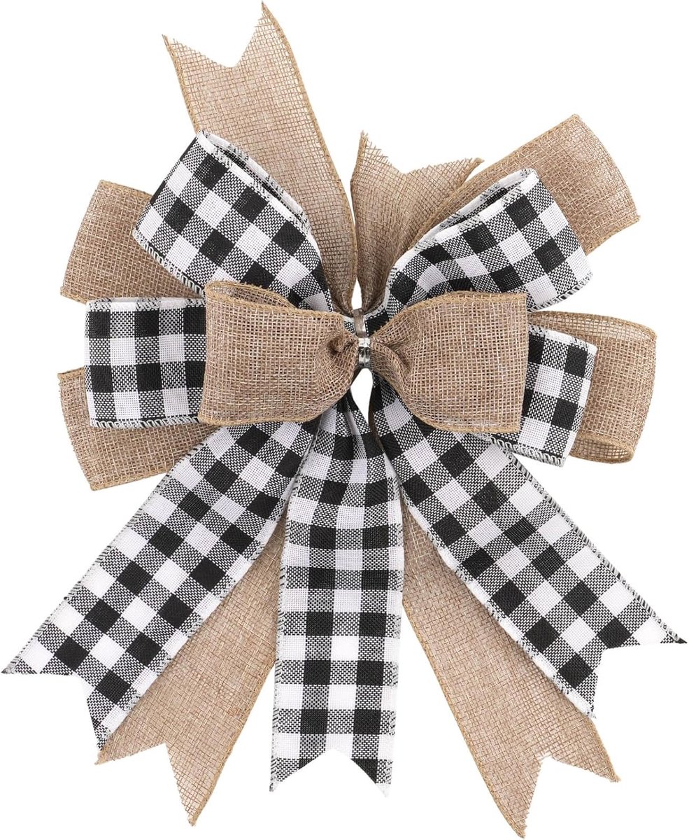 Kerstlint – Zwart-wit ruitpatroon – Handgemaakte strik – Buffalo ruit strik - 24 x 30 cm - Zwart-wit geruit jute - Met draadlint - Handgemaakt - Boerderijstijl - Voor voordeur, brievenbus, lantaarn en boomtopper - Het hele jaar door