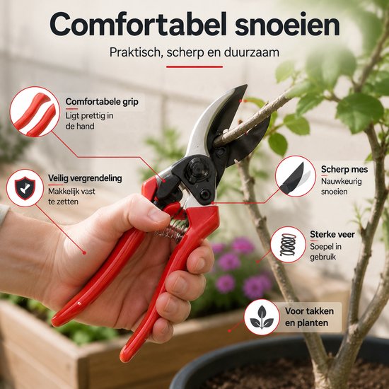 Snoeischaar - Professionele Tuinschaar met SK5 Koolstofstalen Lemmet - Scherpe Takkenschaar voor Snoeien van Bomen, Struiken en Planten - Ergonomische Handgreep - Duurzaam Tuingereedschap voor Tuinonderhoud - 27 cm — afbeelding 5