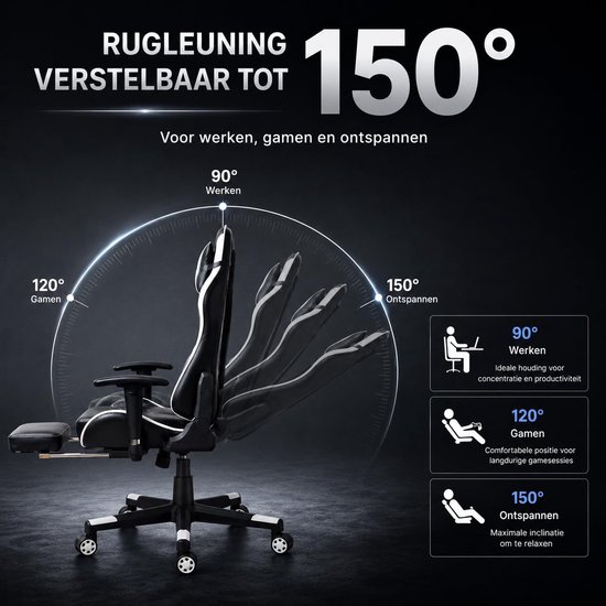 SnelShoppen - Ergonomische Gamingstoel met Lendensteun, Hoofdsteun en Voetsteun - Verstelbare 360° Draaibare Bureaustoel voor Thuis, Kantoor en Gaming van snelshoppen — afbeelding 4
