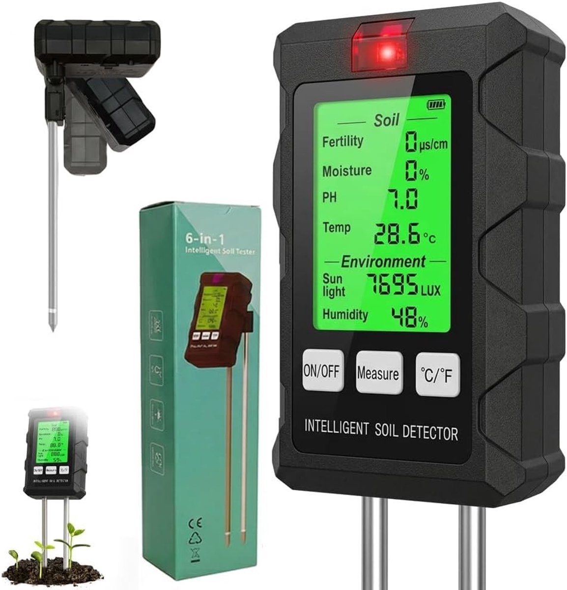 6-in-1 pH meter voor bodemvocht, pH-waarde en plantgezondheid met LCD-display voor tuin en landbouw