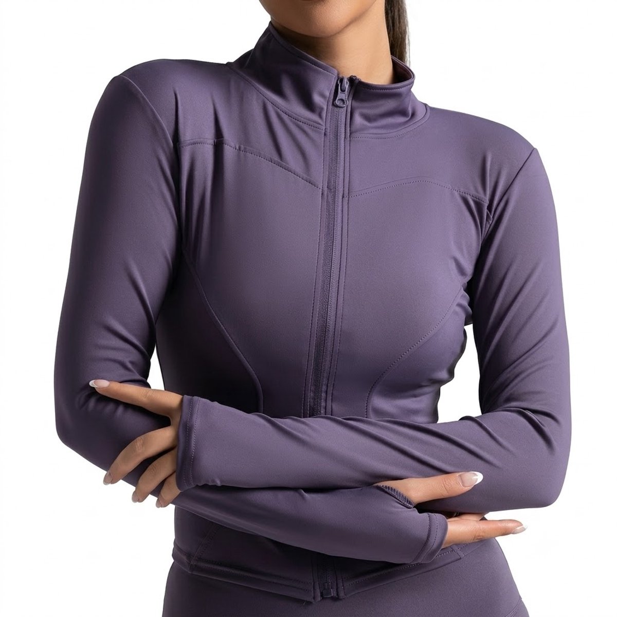 Donker paarse sport jas dames slim fit volledige rits fitness jas yoga jas pilates trui hardloop jas met duim gaten hoge kraag aansluitend model lange mouwen euro maat S