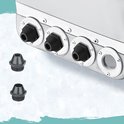 Detail van de zilverkleurige mortelspuit met 3 gemonteerde zwarte mondstukken en 2 losse.