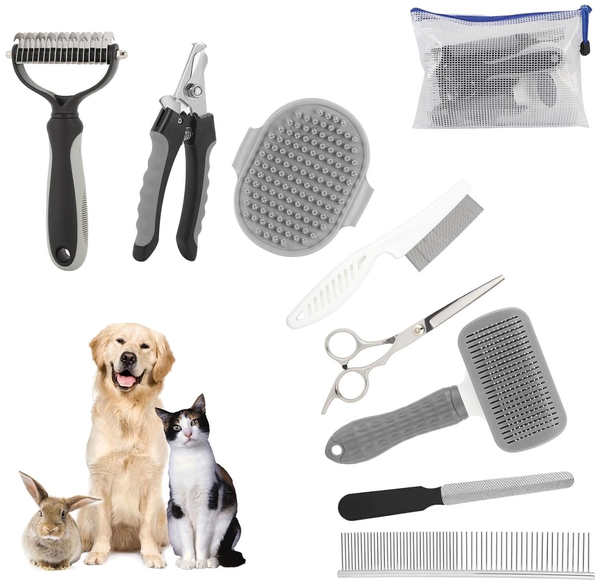 zurabini - 9-Delige Borstelset - Huisdier Verzorgingskit - Grooming Set - Zelfreinigende Functie - Ontwarrend Effect - Roestvrij Staal En ABS - Ergonomisch Anti-Slip Handvat - Veilig Voor Gevoelige Huid - Geschikt Voor Kort En Lang Haar - 9 Stuks
