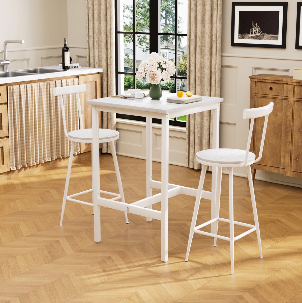 MEUNIQ Bartafelset 60 x 60 x 92 cm met 2 barkrukken met rugleuning, industrieel tafel en stoelen set voor keuken, eetkamer of woonkamer, wit