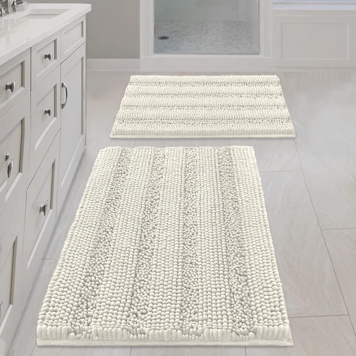 Badmatten Set 2-delig - Extra Dikke Chenille - 50x80 cm & 43x60 cm - Antislip & Superabsorberend - Machinewasbaar - Wit