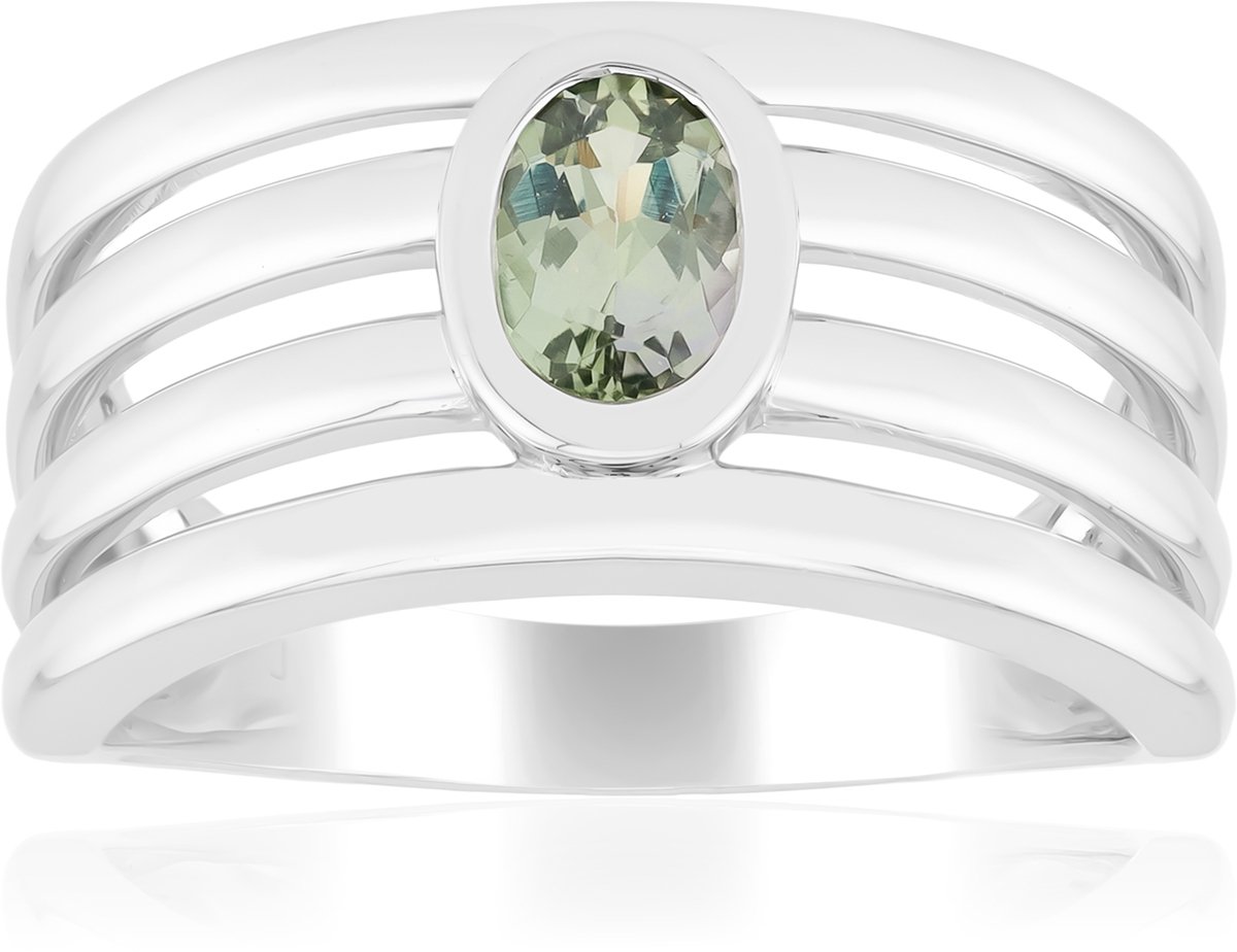 Cavill - Verstelbare Ring - 925 Sterling Zilver Rhodium - Ovale Groene Tanzaniet 0,43 ct - Elegante Handgemaakte Edelsteenring Dames