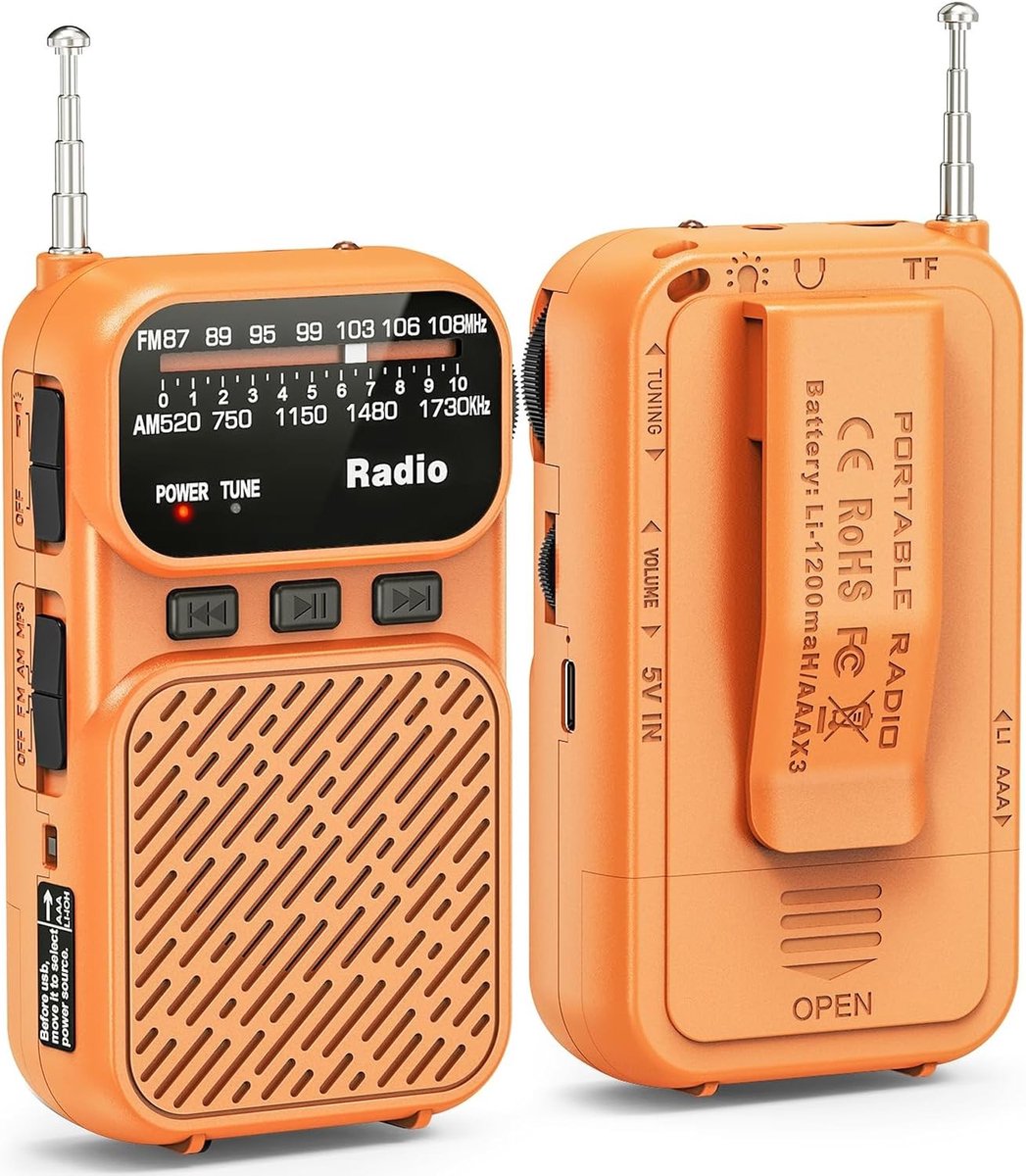 Draagbare Mini Radio met Bluetooth en 1200 mAh Batterij, AM/FM Ontvangst, Inclusief USB-C Oplader en Leestlicht
