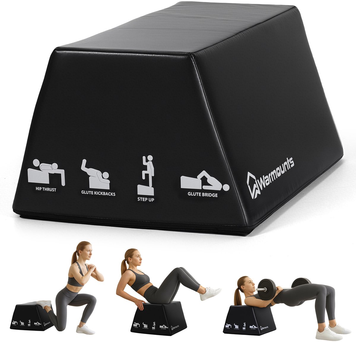 WARMOUNTS Hip Thrust Bench L - Glute Bridge Trainingsbank - Plyo Box - Fitness Box voor Home Gym - Antislip - Belastbaar tot 317 kg - 60 x 44 x 30 cm - Zwart