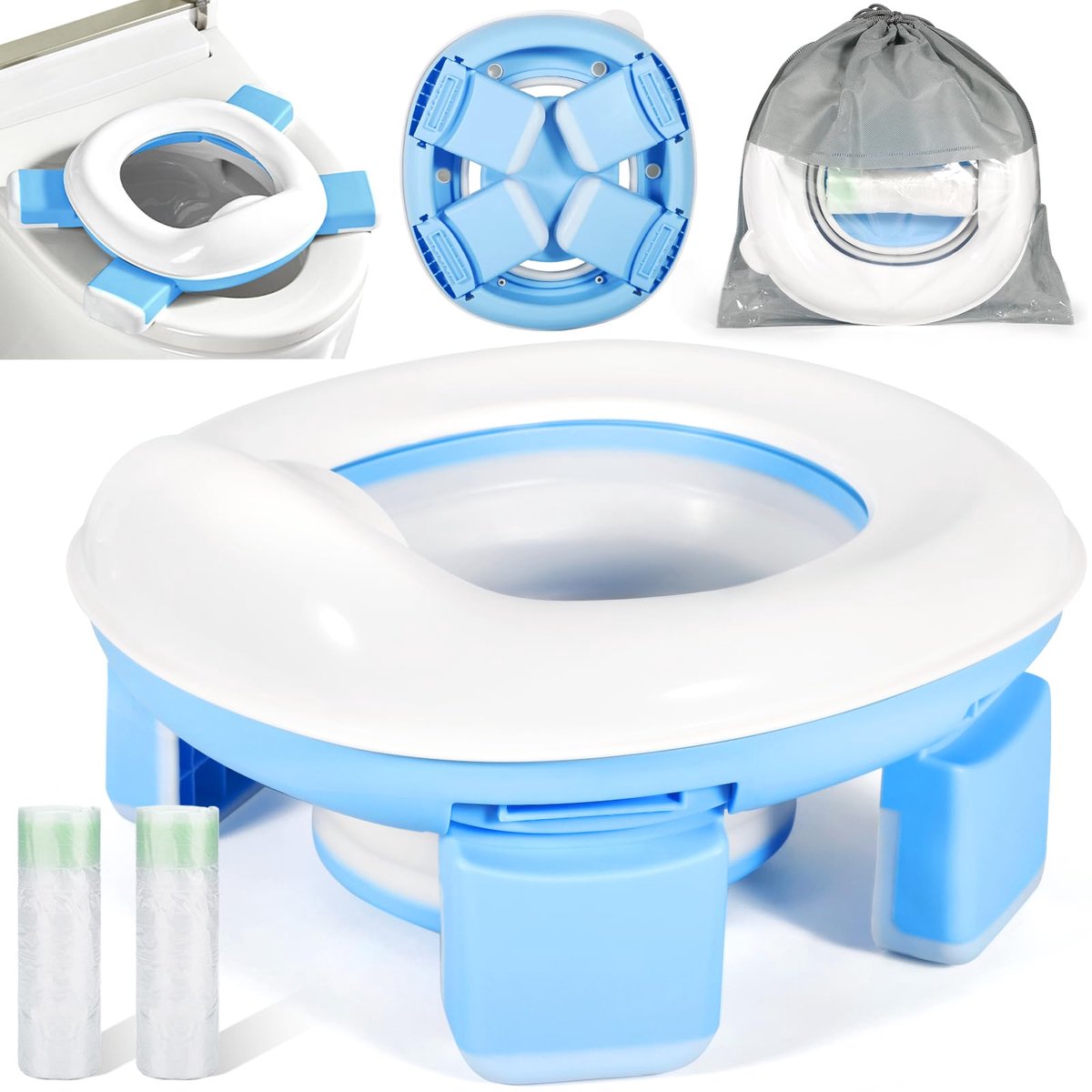 SnelShoppen - GUHAOOL Toiletbril Kinderen, 3-in-1 Opvouwbare Reispot voor Kinderen met 40 Potjeszakken, Antislip Zindelijkheidstrainingstoeltje voor B