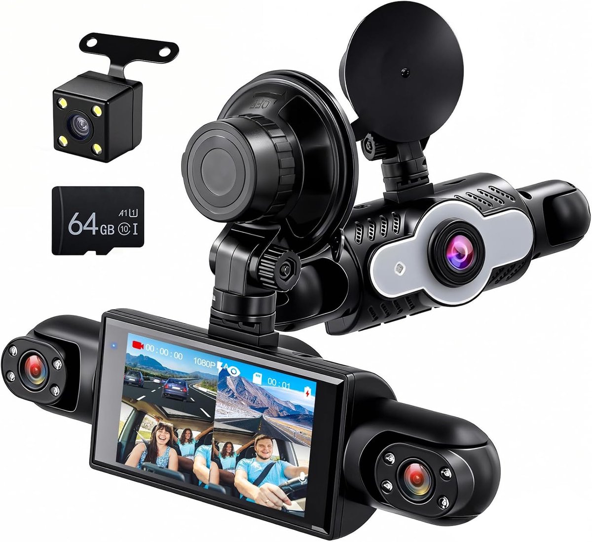 SnelShoppen - Mirror Dash Cam 4 Kanaals Achteruitkijkspiegel Camera met 3 Inch IPS Scherm, G-Sensor, Parkeerbewaking, Nachtzicht en 64GB Geheugenkaart