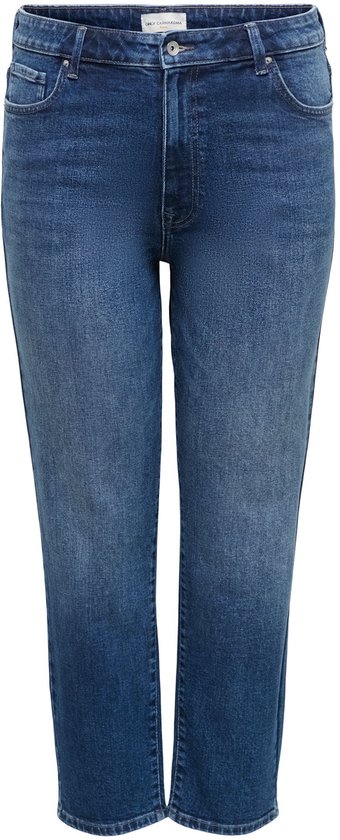 Donkerblauwe jeans met rechte pijpen en hoge taille, voorkant, met een label aan de binnenkant.