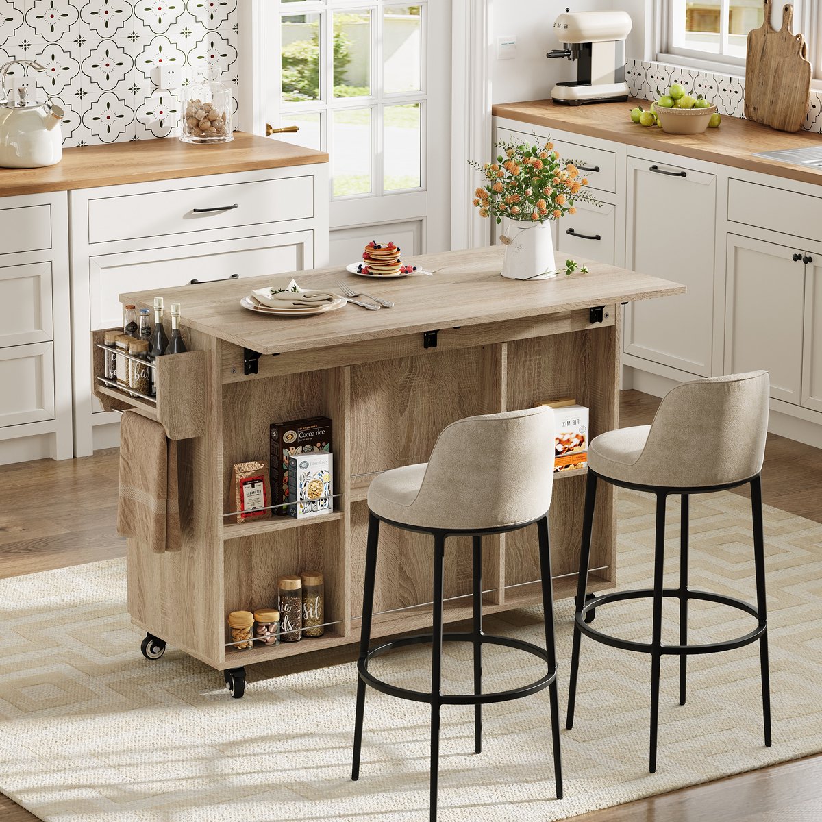 DESMIU Keukenkast - Verrijdbare Keukenwagen Met Opklapbaar Werkblad En Opbergruimte - Voor Keuken En Eethoek - MDF - Naturel - 120 Cm
