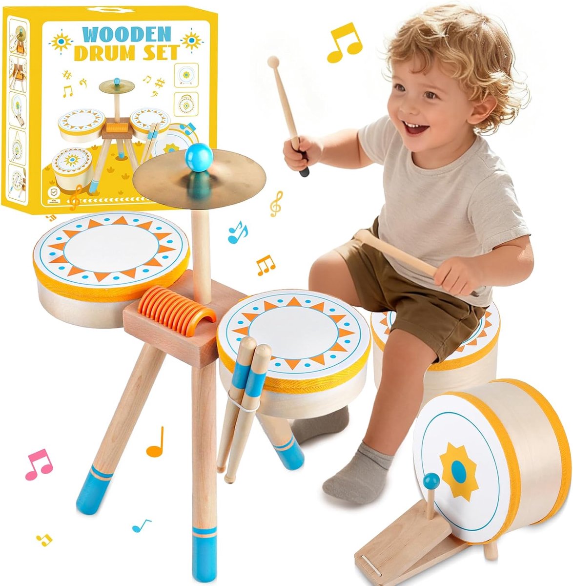 SnelShoppen - Montessori-trommelset voor peuters 1-3 jaar, educatieve houten muziekinstrumenten, perfect voor kinderen, verjaardag, feest, helder