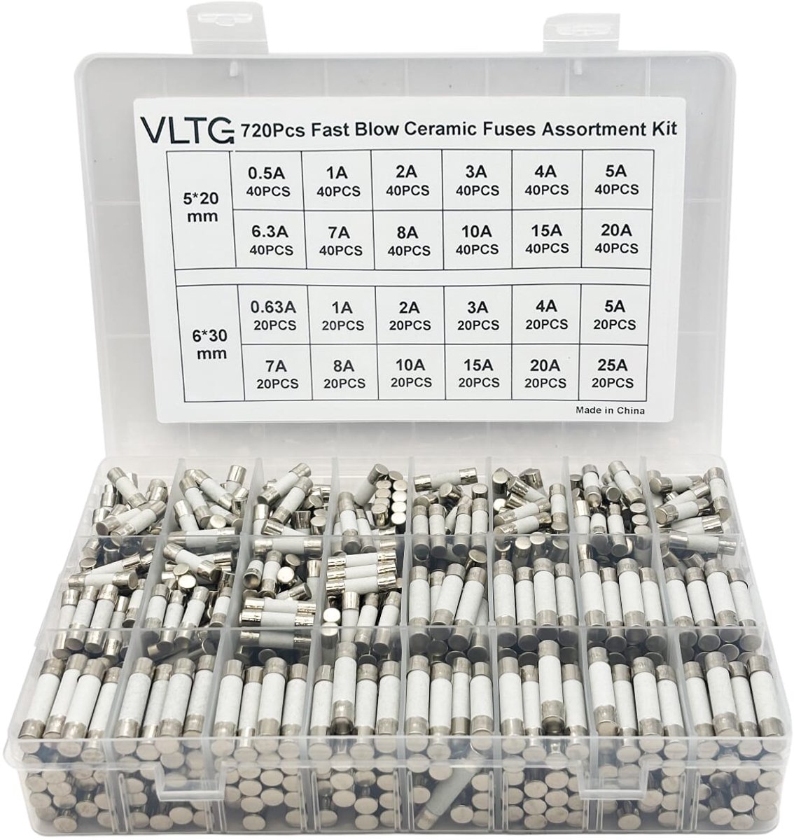 VLTG Keramische Zekering 5x20mm + 6x30mm - Keramische Buiszekering - Snel (F) - 0.5A t/m 25A - Zekeringset 720 stuks