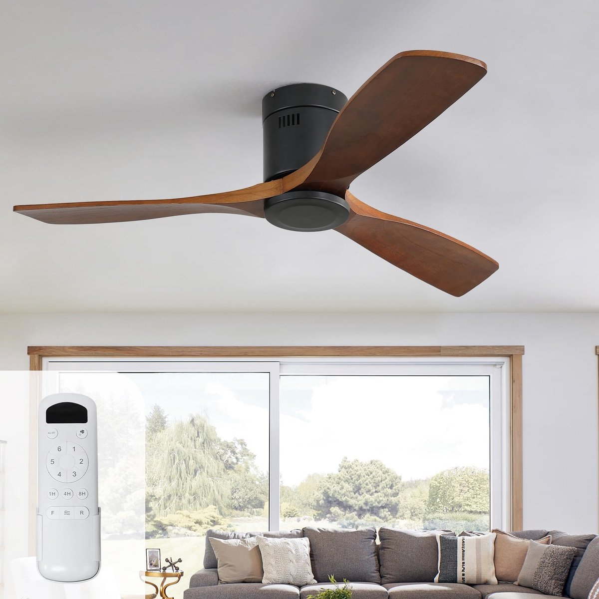 SnelShoppen - Plafondventilator met Afstandsbediening, 132cm Massief Hout Ventilator, 6 Snelheden, DC-motor, Timer, Zomer-Wintermodus, Stille Ventilat