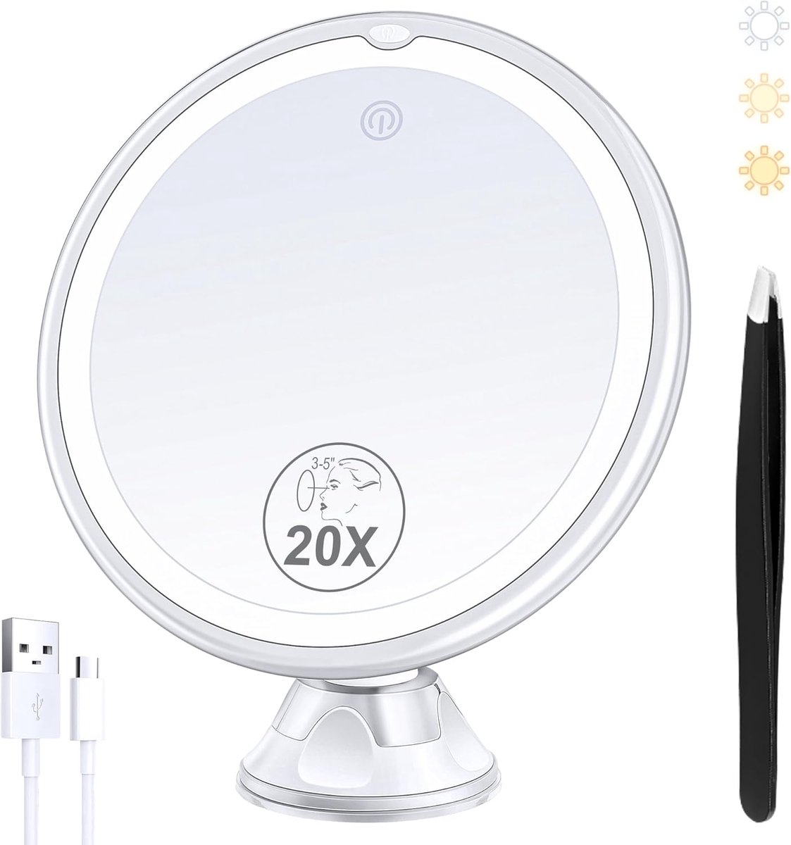 SnelShoppen - 2025 Opgewaardeerde 20x Vergrotende Make-up Spiegel met 3 Kleuren Licht, 8 Inch 360° Draaibaar, Oplaadbaar met Zuignap en Pincet voor Ba