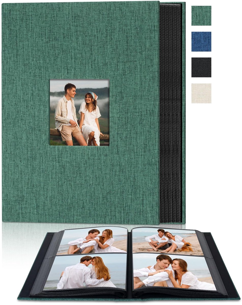 SnelShoppen - Remowith Fotoalbum 10x15 cm, 200 Vakken, Donkergroen Stoffen Omslag, Zuurvrije Pagina's, Horizontale Insteekvakken voor Familie en Reize