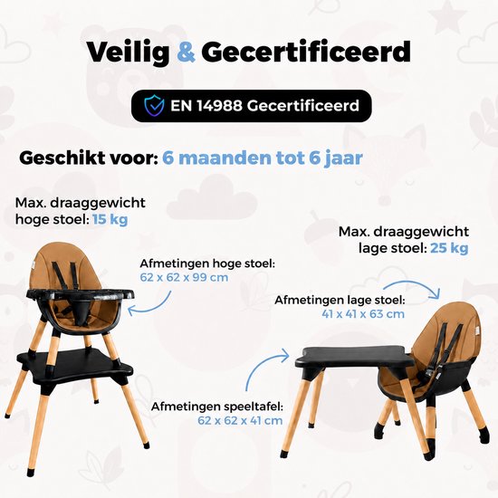 Informatie over de kinderstoel: 'Veilig & Gecertificeerd' EN 14988, geschikt voor 6 maanden tot 6 jaar, met afmetingen en draaggewichten.