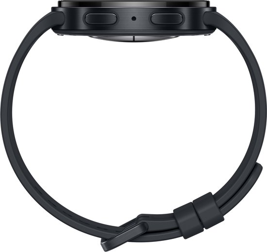 Zijkant van een zwarte Samsung Galaxy Watch9 smartwatch met een digitale band.