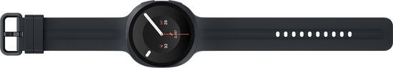 Zwarte Samsung Galaxy Watch9 smartwatch met datumaanduiding en een digitale band.