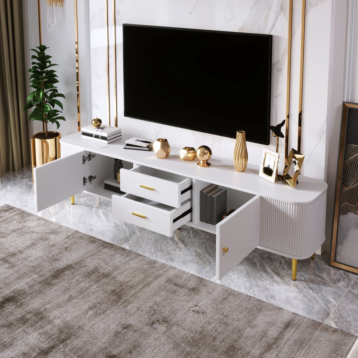 Tv meubel met lade - afgeronde hoeken - woonkamer tv-kast met golvende zijkanten - gouden handvatten en poten - wit