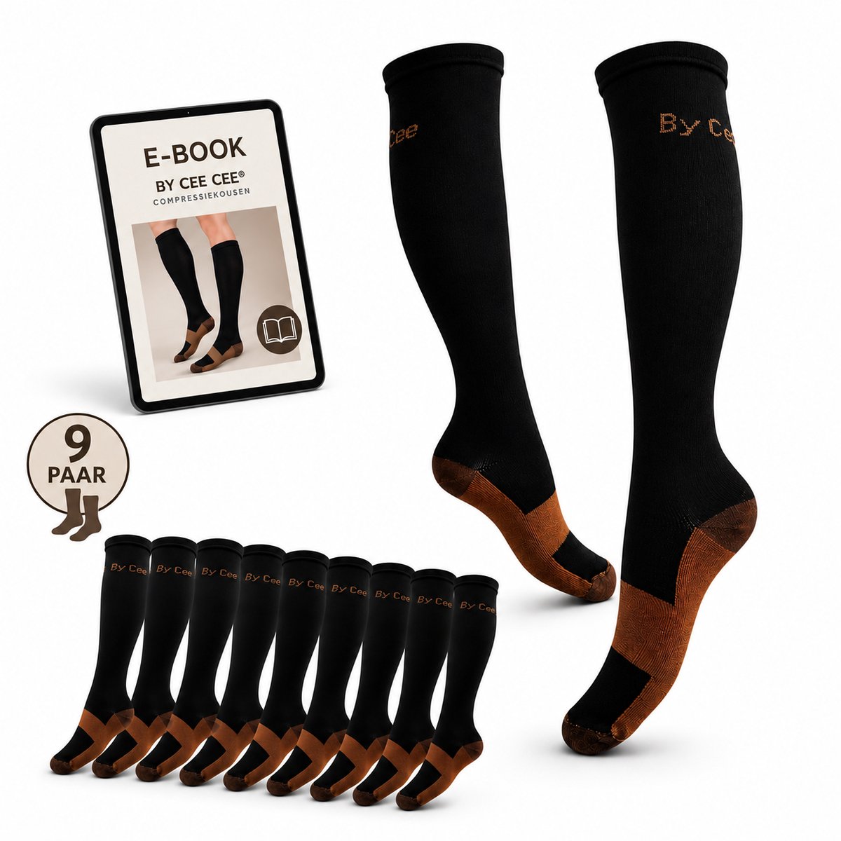 Compressiekousen 9 Paar met E-book - Steunkousen Vrouwen en Mannen - Compressie sokken - Hardloopsokken - Sportsokken - Maat 36-40 S/M