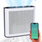 Witte luchtreiniger met een smartphone die de luchtkwaliteit aangeeft met "Great". Bladeren en stofdeeltjes worden zichtbaar gefilterd.