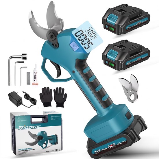 Sécateur électrique turquoise avec deux batteries 21V 3000mAh, chargeur, outils, gants et lame de rechange. Boîte incluse.