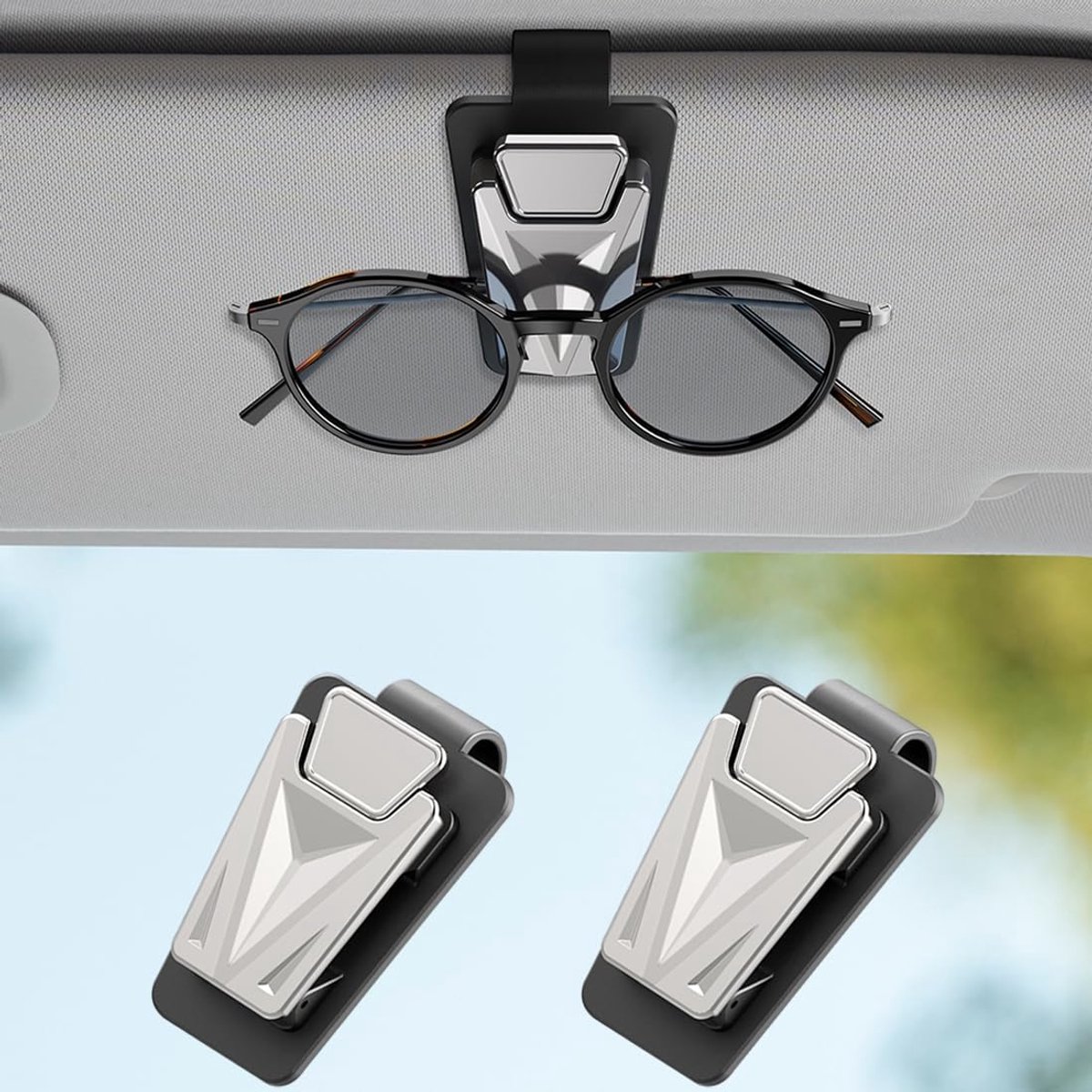2 stuks zonnebrillenhouders voor autovizier, klikbare autozonnebrillenhouders clip, autovizieraccessoires voor de meeste brillen (zilver)